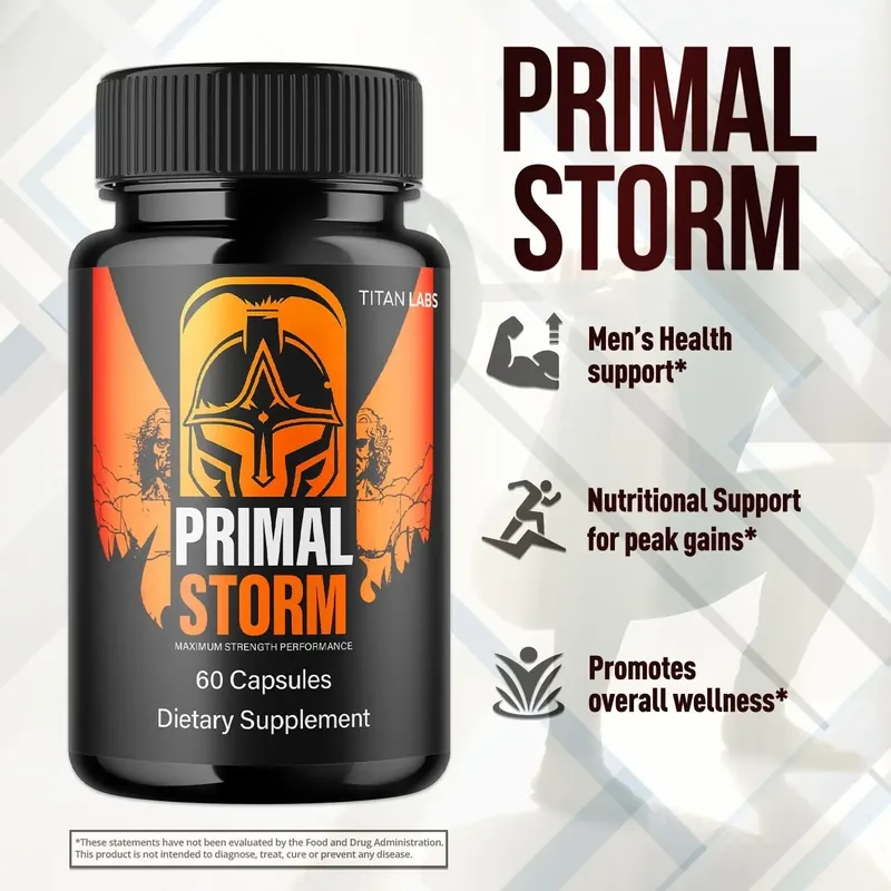 Primal Storm listing graphic: men's health support, nutritional support for peak gains, promotes overall wellness